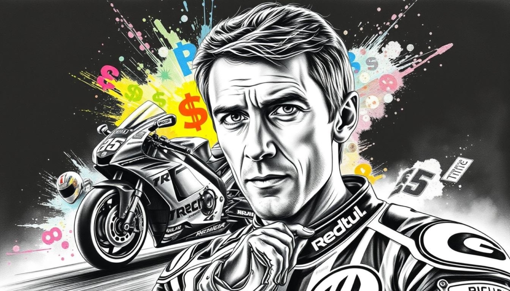 A striking black and white illustration depicting Valentino Rossi's financial pinnacles, showcasing his best-paid years. In the foreground, a detailed portrait of the legendary motorcycle racer, his piercing gaze and confident expression conveying the magnitude of his success. The middle ground features a meticulously rendered racing motorcycle, a symbol of his prowess on the track. In the background, vibrant splashes of color emerge, representing the lucrative endorsements and sponsorship deals that contributed to Rossi's substantial wealth. The scene is illuminated by a dramatic chiaroscuro lighting, casting dramatic shadows and highlighting the subject's iconic features. The overall mood is one of power, prestige, and the remarkable financial achievements of this motorsport icon.