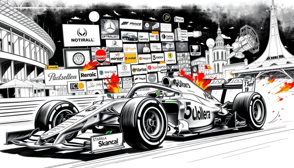 A striking black and white illustration depicting the various revenue streams that fuel the high-octane world of motorsports sponsorship. In the foreground, a racecar glides across the page, its sleek lines punctuated by vibrant splashes of color - logos, emblems, and branding elements that represent the companies and brands that provide crucial financial backing. In the middle ground, a dynamic collage of images showcases the diverse avenues of sponsorship income, from lucrative TV broadcast deals and merchandising royalties to hospitality packages and trackside advertising. The background is a study in contrasts, with sharply rendered architectural elements and technical schematics that evoke the complex business of modern motorsports. The overall composition conveys a sense of energy, precision, and the vital role that sponsorship plays in the success of professional racing drivers like Jann Mardenborough.