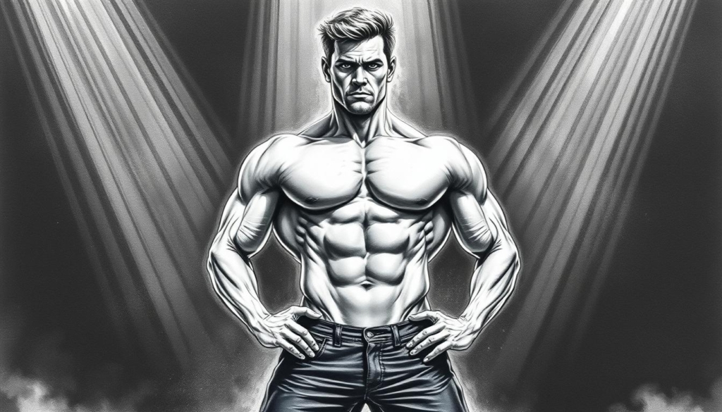 A striking black and white illustration of a muscular male bodybuilder, captured in a dramatic pose that showcases his chiseled physique. The figure stands in a well-lit studio setting, with subtle splashes of color highlighting key details like the contours of his muscles, the veins in his arms, and the intensity in his gaze. The lighting is bold and dramatic, casting sharp shadows that accentuate the sculpted form. The composition is framed to emphasize the subject's physical development, inviting the viewer to appreciate the dedication and discipline required to achieve such an impressive physique. A striking black and white illustration of a muscular male bodybuilder, captured in a dramatic pose that showcases his chiseled physique. The figure stands in a well-lit studio setting, with subtle splashes of color highlighting key details like the contours of his muscles, the veins in his arms, and the intensity in his gaze. The lighting is bold and dramatic, casting sharp shadows that accentuate the sculpted form. The composition is framed to emphasize the subject's physical development, inviting the viewer to appreciate the dedication and discipline required to achieve such an impressive physique.
