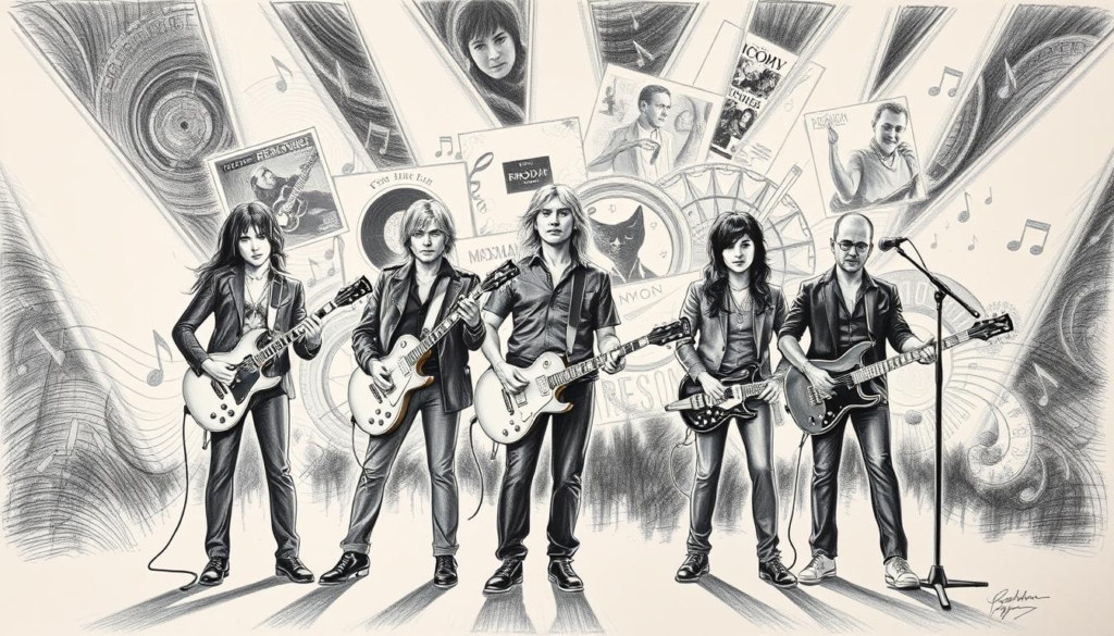 A striking black-and-white illustration of the band Reamonn, with precise pencil strokes and punctuated bursts of color. The five band members stand confidently in the foreground, their instruments and stage attire rendered in intricate detail. Behind them, a dynamic backdrop of musical elements - swirling notes, pulsing rhythms, and iconic album covers - create a sense of energy and success. Dramatic lighting casts dramatic shadows, highlighting the band's presence and accomplishments. The overall tone is one of power, talent, and hard-won achievement, reflecting the "Supergirl and Chart-Topping Hits" that defined Reamonn's remarkable career. A striking black-and-white illustration of the band Reamonn, with precise pencil strokes and punctuated bursts of color. The five band members stand confidently in the foreground, their instruments and stage attire rendered in intricate detail. Behind them, a dynamic backdrop of musical elements - swirling notes, pulsing rhythms, and iconic album covers - create a sense of energy and success. Dramatic lighting casts dramatic shadows, highlighting the band's presence and accomplishments. The overall tone is one of power, talent, and hard-won achievement, reflecting the "Supergirl and Chart-Topping Hits" that defined Reamonn's remarkable career.