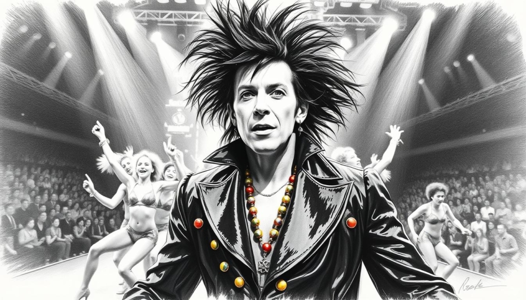 A striking black-and-white portrait of German singer Guildo Horn in his iconic Eurovision Song Contest 1998 performance. The foreground captures Horn's theatrical stage presence, his wild hair and flamboyant costume with colorful accents. The middle ground showcases the energetic backup dancers, their movements frozen in dynamic poses. The background suggests the grandeur of the Eurovision stage, with subtle hints of the audience and lighting. The overall scene conveys the charisma and showmanship that defined Horn's career-defining moment on the European music stage. A striking black-and-white portrait of German singer Guildo Horn in his iconic Eurovision Song Contest 1998 performance. The foreground captures Horn's theatrical stage presence, his wild hair and flamboyant costume with colorful accents. The middle ground showcases the energetic backup dancers, their movements frozen in dynamic poses. The background suggests the grandeur of the Eurovision stage, with subtle hints of the audience and lighting. The overall scene conveys the charisma and showmanship that defined Horn's career-defining moment on the European music stage.