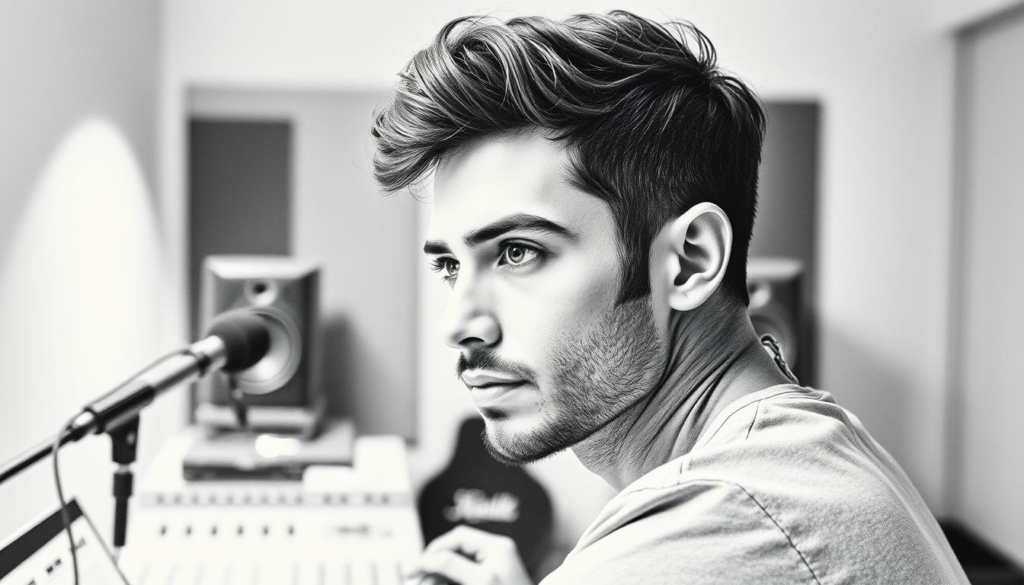 A striking black and white portrait of a talented music producer, capturing their dynamic personality and creative lifestyle. In the foreground, the subject is captured in a pensive, focused pose, their eyes conveying a thoughtful introspection. Subtle pops of color, perhaps in the form of an accessory or a musical instrument, add visual interest and highlight the individual's artistic sensibilities. The middle ground features a blurred background hinting at a recording studio or a music-inspired environment, while the background maintains a minimalist, yet atmospheric quality. The lighting is soft and directional, casting dramatic shadows and highlighting the subject's features. Overall, the image exudes a sense of artistry, passion, and the multifaceted nature of the music producer's character.