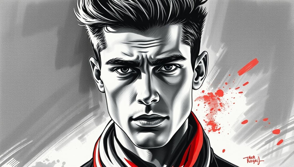A striking black and white portrait of a young man with distinctive facial features and a captivating presence. Chiseled jawline, piercing gaze, and neatly styled hair create an air of confidence and sophistication. Subtle pops of color, such as a vibrant scarf or a dash of red in the background, add visual interest and depth. Dramatic lighting casts dramatic shadows, emphasizing the subject's strong, angular features. The overall tone is one of understated elegance and refined, effortless style.