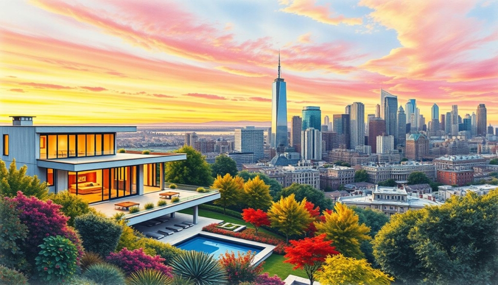 A striking cityscape featuring Alicia Keys' luxurious real estate investments. In the foreground, a sleek modern mansion with clean lines and large windows, bathed in warm, diffused lighting. Surrounding it, a lush garden with vibrant splashes of color from carefully curated foliage. In the middle ground, a sprawling urban landscape of towering skyscrapers and brownstone buildings, rendered in crisp, monochromatic tones. The background depicts a vibrant sunset sky, with hints of pink and orange hues peeking through the clouds. The overall atmosphere is one of sophistication, wealth, and artistic flair, perfectly encapsulating Alicia Keys' savvy real estate portfolio. A striking cityscape featuring Alicia Keys' luxurious real estate investments. In the foreground, a sleek modern mansion with clean lines and large windows, bathed in warm, diffused lighting. Surrounding it, a lush garden with vibrant splashes of color from carefully curated foliage. In the middle ground, a sprawling urban landscape of towering skyscrapers and brownstone buildings, rendered in crisp, monochromatic tones. The background depicts a vibrant sunset sky, with hints of pink and orange hues peeking through the clouds. The overall atmosphere is one of sophistication, wealth, and artistic flair, perfectly encapsulating Alicia Keys' savvy real estate portfolio.
