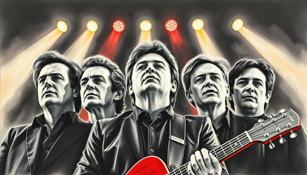 A striking group portrait of the renowned British pop group Take That, captured in a moment of their triumphant comeback. The members stand united, their faces illuminated by a warm, dramatic lighting that casts subtle shadows, highlighting their determined expressions. The image is rendered in a striking black-and-white palette, with deliberate splashes of color – perhaps a vibrant red guitar or a neon-lit stage backdrop – adding a dynamic, electric energy to the scene. The composition is well-balanced, drawing the viewer's eye to the central figures while hinting at the larger stage, crowds, and the excitement of their much-anticipated return to the spotlight. A striking group portrait of the renowned British pop group Take That, captured in a moment of their triumphant comeback. The members stand united, their faces illuminated by a warm, dramatic lighting that casts subtle shadows, highlighting their determined expressions. The image is rendered in a striking black-and-white palette, with deliberate splashes of color – perhaps a vibrant red guitar or a neon-lit stage backdrop – adding a dynamic, electric energy to the scene. The composition is well-balanced, drawing the viewer's eye to the central figures while hinting at the larger stage, crowds, and the excitement of their much-anticipated return to the spotlight.