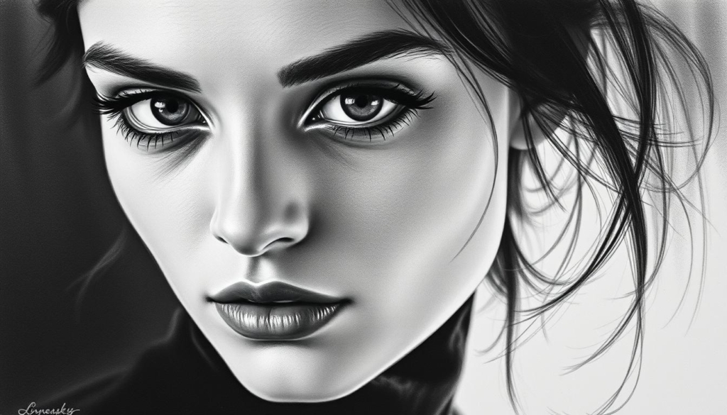 A striking portrait of a young woman with a captivating gaze, her features rendered in striking monochrome with subtle pops of color. The subject's face is the central focus, lit from the side to accentuate her delicate bone structure and alluring expression. The background is softly blurred, drawing the viewer's attention to the subject's striking presence. The overall mood is one of intrigue and sensuality, hinting at the mystery and allure of the Linneasky OnlyFans profile.