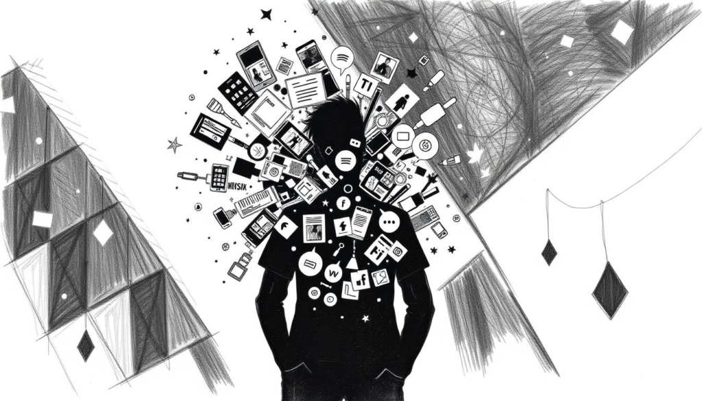 A stylized black and white illustration depicting the concept of "Mediale Popularität". In the foreground, a silhouetted figure stands in a spotlight, their face obscured by a swirling vortex of images, headlines, and social media icons - symbolic of the intense media attention and public scrutiny. In the middle ground, a backdrop of abstract geometric shapes and patterns in shades of gray, hinting at the complex interplay of fame, social influence, and public perception. Punctuated by strategic pops of color, such as a neon-like glow or vibrant accents, to heighten the sense of modern, digital-era fame. The overall mood is one of both allure and unease, reflecting the nuanced nature of media-driven popularity. A stylized black and white illustration depicting the concept of "Mediale Popularität". In the foreground, a silhouetted figure stands in a spotlight, their face obscured by a swirling vortex of images, headlines, and social media icons - symbolic of the intense media attention and public scrutiny. In the middle ground, a backdrop of abstract geometric shapes and patterns in shades of gray, hinting at the complex interplay of fame, social influence, and public perception. Punctuated by strategic pops of color, such as a neon-like glow or vibrant accents, to heighten the sense of modern, digital-era fame. The overall mood is one of both allure and unease, reflecting the nuanced nature of media-driven popularity.