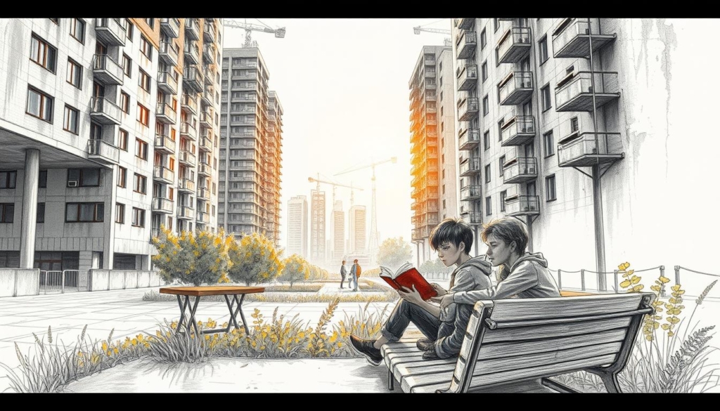 A sun-dappled urban landscape, the stark concrete and steel of the city juxtaposed against the warmth of natural light. In the foreground, a group of young people lounging on a weathered bench, their expressions pensive, lost in the pages of a well-worn book. The middle ground reveals the towering facades of apartment buildings, their windows reflecting the golden glow of the setting sun. In the background, a hazy skyline, the distant silhouettes of cranes and high-rises. The scene is rendered in a muted, pencil-sketch aesthetic, with subtle pops of color highlighting the vibrant details - the verdant foliage, the glint of sunlight on metal, the weathered texture of the concrete. This is the world of "Sonne und Beton," a story of life in the urban jungle, captured in a moment of quiet contemplation. A sun-dappled urban landscape, the stark concrete and steel of the city juxtaposed against the warmth of natural light. In the foreground, a group of young people lounging on a weathered bench, their expressions pensive, lost in the pages of a well-worn book. The middle ground reveals the towering facades of apartment buildings, their windows reflecting the golden glow of the setting sun. In the background, a hazy skyline, the distant silhouettes of cranes and high-rises. The scene is rendered in a muted, pencil-sketch aesthetic, with subtle pops of color highlighting the vibrant details - the verdant foliage, the glint of sunlight on metal, the weathered texture of the concrete. This is the world of "Sonne und Beton," a story of life in the urban jungle, captured in a moment of quiet contemplation.