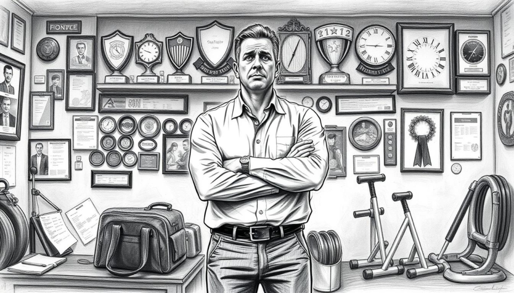 A thoughtful middle-aged man stands contemplating his life after a successful football career, surrounded by symbols of his investments and challenges. In the foreground, a laptop and financial documents hint at his business ventures. The middle ground features a gym bag and fitness equipment, suggesting his ongoing pursuit of physical well-being. In the background, a wall of awards and memorabilia from his playing days stands as a testament to his past achievements. The scene is rendered in a moody black and white palette, punctuated by subtle pops of color in key elements, evoking a sense of introspection and the weight of transitioning to a new phase of life.