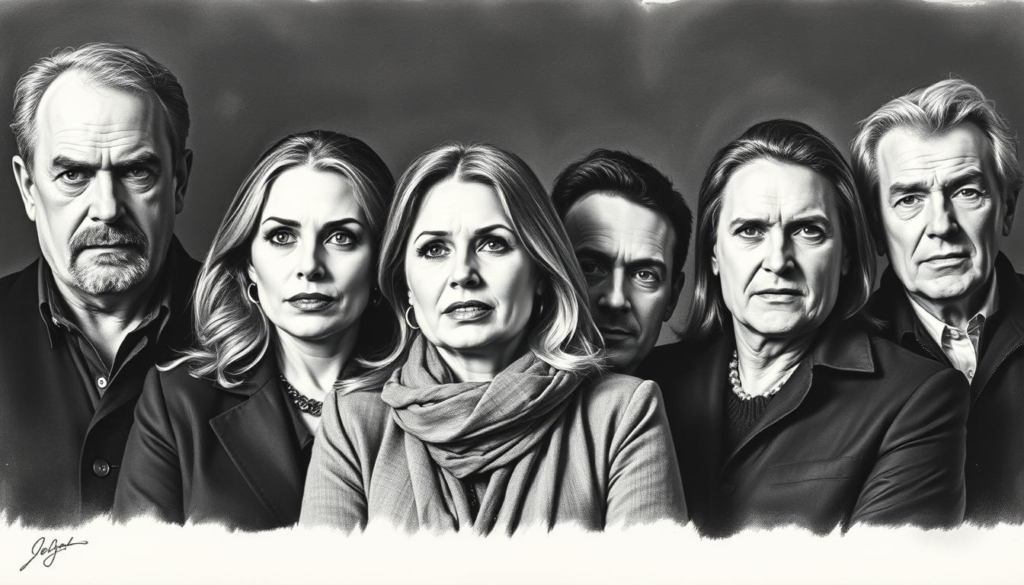 A tightly-knit family portrait of the influential Ochsenknecht clan, rendered in stark black and white with subtle pops of color. The foreground features the core members - Uwe, Natascha, Wilson, Jimi Blue, and Cheyenne - gazing intently, their expressions conveying a sense of power and unity. The middle ground showcases the family's extensive business ventures and entertainment industry connections, hinted at through symbolic visual cues. The background subtly hints at the family's extensive social and political networks, creating an aura of far-reaching influence. Dramatic, high-contrast lighting casts dramatic shadows, emphasizing the family's commanding presence. A sense of legacy and generational impact permeates the scene, reflecting the Ochsenknechts' lasting imprint on German society.