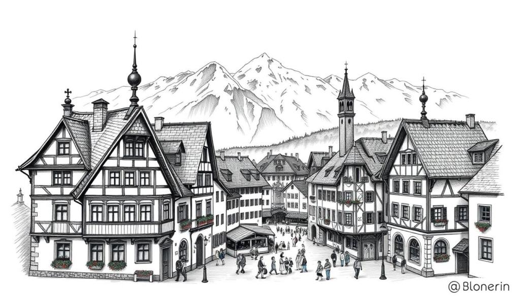 A timeless Austrian cultural heritage, a legacy of tradition and craftsmanship. An ornate, hand-drawn depiction of a beloved alpine village, its stately buildings and charming details captured in a black and white sketch with subtle pops of color. The foreground showcases the intricate architecture, with pointed roofs, ornate facades, and quaint window boxes. The middle ground reveals a bustling town square, people going about their daily lives. In the background, majestic snow-capped peaks rise, hinting at the breathtaking natural beauty that surrounds this idyllic scene. The entire composition exudes a sense of reverence and timelessness, a nod to the enduring spirit of Austrian heritage.
