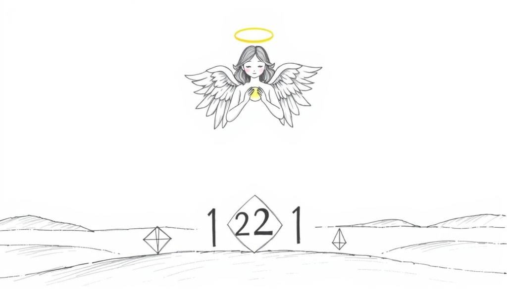 A tranquil, hand-drawn illustration of the "Engelszahl 1221" (Angel Number 1221), rendered in a minimalist, black and white style with subtle pops of color. The central focus is a delicate, angelic figure holding a glowing orb, surrounded by ethereal, feathered wings and a halo. In the foreground, a series of symbolic geometric shapes and patterns, including the number "1221," are depicted in a thoughtful, meditative arrangement. The background features a serene, textured landscape, with a hint of rolling hills or a distant horizon, creating a contemplative, introspective atmosphere. The overall aesthetic evokes a sense of guidance, spiritual awakening, and a call to take positive action in alignment with the significance of the 1221 angel number.