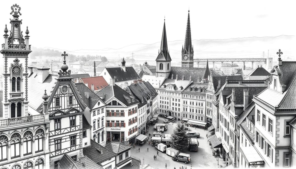 A vibrant cityscape of Pforzheim, the renowned "Schmuckstadt" (Jewellery City) of Germany, bathed in a captivating monochrome palette with strategic pops of color. The intricate architecture, from ornate historic buildings to modern structures, creates a harmonious blend of tradition and innovation. In the foreground, a close-up view of the city's iconic landmarks, such as the striking Marktplatz and the spire of the Stadtkirche, capturing the essence of Pforzheim's rich jewellery-making heritage. The middle ground showcases the bustling streets, where artisans and craftspeople ply their trade, surrounded by the vibrant energy of the city. The background fades into a hazy, atmospheric landscape, hinting at the broader context of Pforzheim's role as a center of the German jewellery industry. The image conveys a sense of timeless elegance, tradition, and the enduring significance of Pforzheim as the "Schmuckstadt." A vibrant cityscape of Pforzheim, the renowned "Schmuckstadt" (Jewellery City) of Germany, bathed in a captivating monochrome palette with strategic pops of color. The intricate architecture, from ornate historic buildings to modern structures, creates a harmonious blend of tradition and innovation. In the foreground, a close-up view of the city's iconic landmarks, such as the striking Marktplatz and the spire of the Stadtkirche, capturing the essence of Pforzheim's rich jewellery-making heritage. The middle ground showcases the bustling streets, where artisans and craftspeople ply their trade, surrounded by the vibrant energy of the city. The background fades into a hazy, atmospheric landscape, hinting at the broader context of Pforzheim's role as a center of the German jewellery industry. The image conveys a sense of timeless elegance, tradition, and the enduring significance of Pforzheim as the "Schmuckstadt."