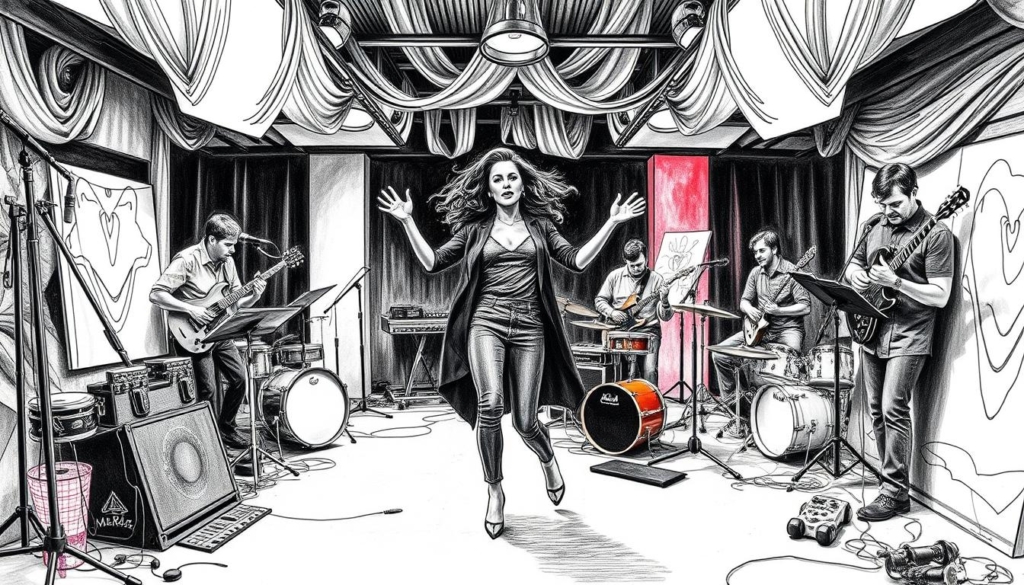 A vibrant, collaborative tableau featuring Tate McRae working with an ensemble of talented musicians and artists. The central focus is Tate, her expressive face and dynamic dance moves, surrounded by a dynamic assortment of instruments, recording equipment, and artistic implements. The background is a minimalist, monochromatic studio space with hints of color in the form of strategic lighting and fabric accents. The overall mood is one of creative energy, synergy, and artistic dynamism, reflecting Tate's versatile talents and collaborative spirit. The image is rendered in a striking black and white palette, with selective bursts of color to highlight key elements.