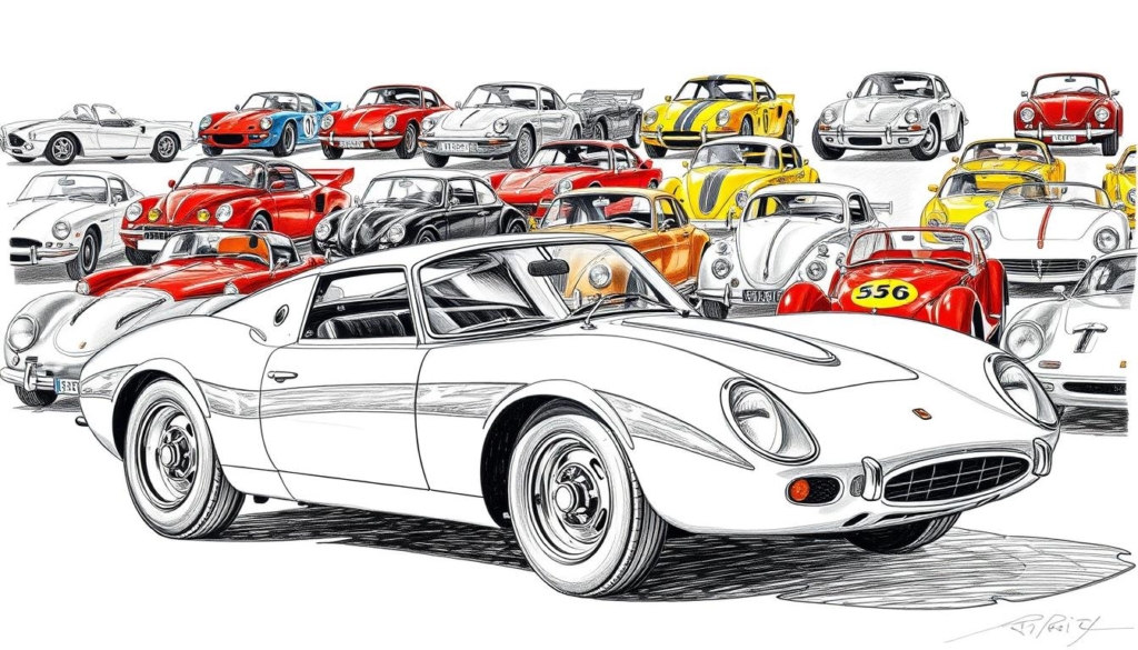 A vibrant collection of vintage automobiles, meticulously curated by Walter Röhrl, stands as a testament to his lifelong passion for the art of driving. In the foreground, a sleek sports car, its lines etched in precise black-and-white strokes, commands attention, while the midground showcases a diverse array of classic models, each with its own unique personality. The background is painted in a soft, muted palette, allowing the vehicles to take center stage, their details highlighted by selective pops of color that draw the eye inward. The overall atmosphere is one of reverence and appreciation for the craftsmanship and engineering that has defined the automotive world, capturing the essence of Röhrl's enduring love affair with the open road.