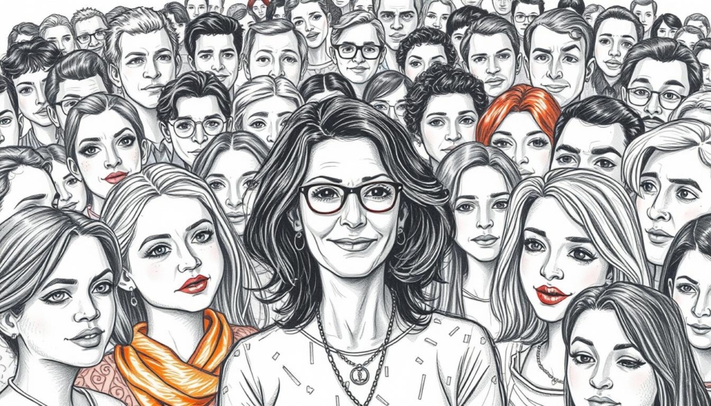 A vibrant community of diverse individuals gathered around a central figure, Anna Schmidt, whose presence radiates charisma and warmth. The scene unfolds with a harmonious blend of pencil-sketch textures and selective pops of color, creating a visually striking and emotive atmosphere. The foreground showcases Anna's engaging expression, while the middle ground is populated by an array of attentive faces, each with their own unique personality. In the background, a sense of unity and connection is conveyed through the intricate patterns and subtle details that weave the composition together, all executed in a captivating black and white palette with carefully placed colorful accents. A vibrant community of diverse individuals gathered around a central figure, Anna Schmidt, whose presence radiates charisma and warmth. The scene unfolds with a harmonious blend of pencil-sketch textures and selective pops of color, creating a visually striking and emotive atmosphere. The foreground showcases Anna's engaging expression, while the middle ground is populated by an array of attentive faces, each with their own unique personality. In the background, a sense of unity and connection is conveyed through the intricate patterns and subtle details that weave the composition together, all executed in a captivating black and white palette with carefully placed colorful accents.