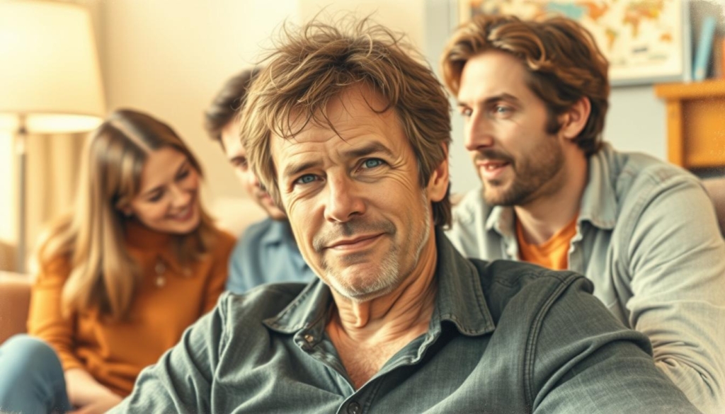 A warm and intimate portrait of Dieter Birr, the lead singer of the legendary German rock band Puhdys, captured in his private life. The image showcases Dieter surrounded by his close-knit family, their faces rendered in delicate pencil strokes with pops of color accentuating the scene. The foreground depicts Dieter seated comfortably, his expression one of contentment as he is flanked by his loved ones. The middle ground reveals the family engaged in casual, everyday activities, their interactions suggesting a strong, supportive bond. The background is softly blurred, lending a sense of privacy and intimacy to the moment. The overall atmosphere is one of tranquility and warmth, reflecting the personal life behind the public success of the Puhdys and their frontman. A warm and intimate portrait of Dieter Birr, the lead singer of the legendary German rock band Puhdys, captured in his private life. The image showcases Dieter surrounded by his close-knit family, their faces rendered in delicate pencil strokes with pops of color accentuating the scene. The foreground depicts Dieter seated comfortably, his expression one of contentment as he is flanked by his loved ones. The middle ground reveals the family engaged in casual, everyday activities, their interactions suggesting a strong, supportive bond. The background is softly blurred, lending a sense of privacy and intimacy to the moment. The overall atmosphere is one of tranquility and warmth, reflecting the personal life behind the public success of the Puhdys and their frontman.