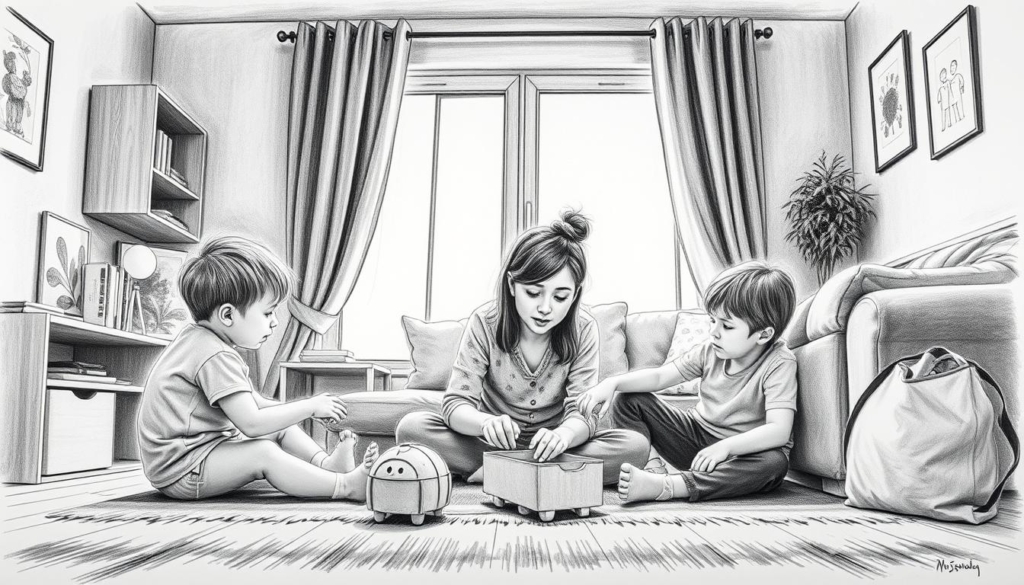 A warm, close-knit family gathered in a cozy living room, the children playing joyfully on the floor while their attentive mother watches over them, her gaze filled with a mix of love and concern. The scene is rendered in a striking black-and-white palette, with subtle pops of color highlighting the children's toys and the mother's clothing. The lighting is soft and diffused, creating a sense of tranquility and intimacy. The composition draws the viewer's eye towards the central figures, emphasizing the familial bond and the mother's protective presence. The overall mood is one of harmony and tenderness, capturing the delicate balance of a parent's role in navigating the complexities of modern family life. A warm, close-knit family gathered in a cozy living room, the children playing joyfully on the floor while their attentive mother watches over them, her gaze filled with a mix of love and concern. The scene is rendered in a striking black-and-white palette, with subtle pops of color highlighting the children's toys and the mother's clothing. The lighting is soft and diffused, creating a sense of tranquility and intimacy. The composition draws the viewer's eye towards the central figures, emphasizing the familial bond and the mother's protective presence. The overall mood is one of harmony and tenderness, capturing the delicate balance of a parent's role in navigating the complexities of modern family life.