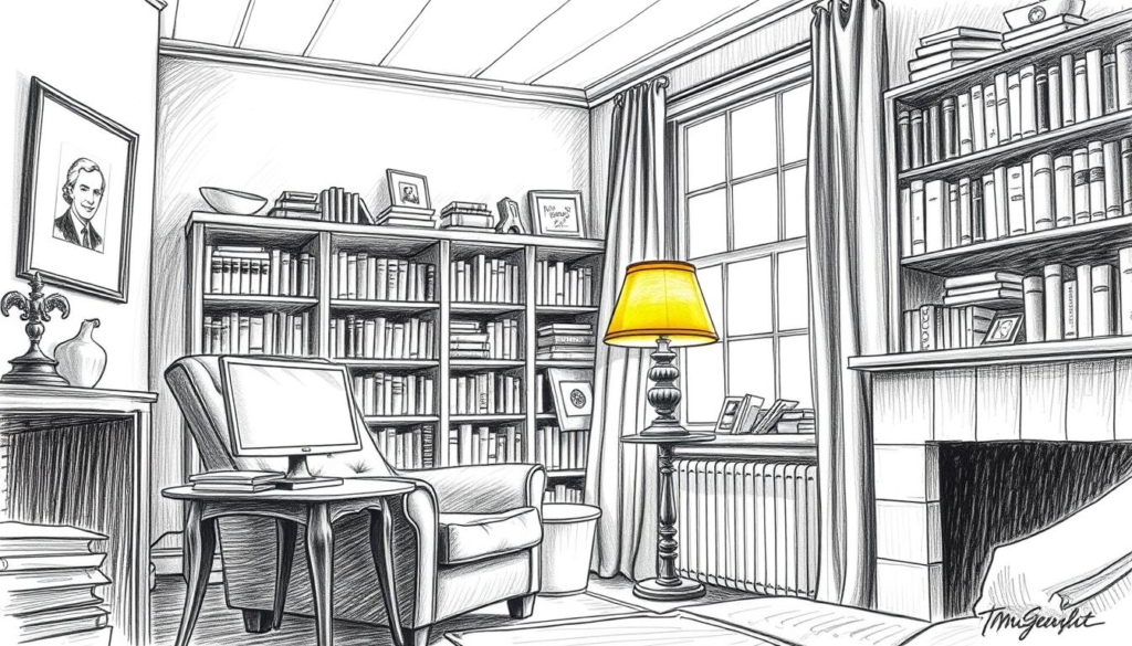 A warm, cozy interior scene depicting Tom Gerhardt's private life. In the foreground, a comfortable armchair and a wooden side table, with a lamp casting a soft, amber glow. In the middle ground, a bookshelf filled with tomes and personal mementos, hinting at Gerhardt's intellectual pursuits. The background features a large window, allowing natural light to filter in, illuminating the space with a serene, contemplative atmosphere. The color palette is predominantly black and white, with subtle pops of color, such as the warm tones of the lamp or the vibrant spines of the books, creating a striking, yet intimate visual. The overall impression conveys a sense of Gerhardt's private sanctuary, a space where he finds solace and balance away from the spotlight. A warm, cozy interior scene depicting Tom Gerhardt's private life. In the foreground, a comfortable armchair and a wooden side table, with a lamp casting a soft, amber glow. In the middle ground, a bookshelf filled with tomes and personal mementos, hinting at Gerhardt's intellectual pursuits. The background features a large window, allowing natural light to filter in, illuminating the space with a serene, contemplative atmosphere. The color palette is predominantly black and white, with subtle pops of color, such as the warm tones of the lamp or the vibrant spines of the books, creating a striking, yet intimate visual. The overall impression conveys a sense of Gerhardt's private sanctuary, a space where he finds solace and balance away from the spotlight.