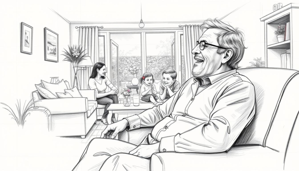 A warm, family-oriented scene of Klaus Augenthaler relaxing at home with his loved ones. In the foreground, Augenthaler sits in a comfortable armchair, laughing with his wife and children gathered around him. The middle ground features a cozy, well-appointed living room with subtle pops of color in the decor. The background depicts a tranquil outdoor setting, perhaps a garden or patio, hinting at Augenthaler's private life away from the spotlight. The image is rendered in a muted, pencil-sketch aesthetic with selective color accents, conveying a sense of intimacy and introspection. A warm, family-oriented scene of Klaus Augenthaler relaxing at home with his loved ones. In the foreground, Augenthaler sits in a comfortable armchair, laughing with his wife and children gathered around him. The middle ground features a cozy, well-appointed living room with subtle pops of color in the decor. The background depicts a tranquil outdoor setting, perhaps a garden or patio, hinting at Augenthaler's private life away from the spotlight. The image is rendered in a muted, pencil-sketch aesthetic with selective color accents, conveying a sense of intimacy and introspection.