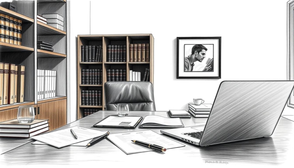A well-appointed office space, featuring a sleek wooden desk, a laptop, and various business documents neatly organized. Soft, diffused lighting illuminates the scene, casting subtle shadows and highlights. In the background, a bookshelf filled with leather-bound volumes and a framed art piece add a touch of sophistication. The composition emphasizes the professional and thoughtful nature of the subject's business endeavors, captured in a muted color palette of black, white, and subtle pops of color. A well-appointed office space, featuring a sleek wooden desk, a laptop, and various business documents neatly organized. Soft, diffused lighting illuminates the scene, casting subtle shadows and highlights. In the background, a bookshelf filled with leather-bound volumes and a framed art piece add a touch of sophistication. The composition emphasizes the professional and thoughtful nature of the subject's business endeavors, captured in a muted color palette of black, white, and subtle pops of color.