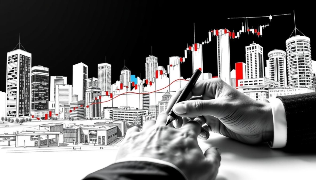 A well-composed, black and white sketch of a stock market chart, with colorful accents highlighting key investment sectors such as real estate and equities. The chart appears hand-drawn, with meticulous attention to detail, conveying a sense of thoughtful, strategic planning. In the foreground, a pair of skilled hands carefully analyze the data, while in the background, a cityscape of modern buildings reflects the diverse investment landscape. The overall mood is one of focused contemplation, suggesting the art of making wise, long-term investment decisions.