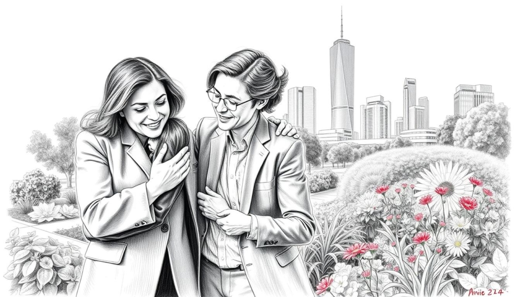 A well-dressed couple, Stine and Marc, are engaged in a heartfelt act of social responsibility. In the foreground, Stine tenderly embraces a child, her gentle expression radiating compassion. Marc stands beside them, his hand on Stine's shoulder, conveying a sense of unity and shared purpose. The middle ground features a vibrant community garden, with lush greenery and colorful flora adding pops of color to the monochrome scene. In the background, a modern urban skyline stands as a testament to their efforts to give back to their local neighborhood. The image is rendered in a striking black and white palette, with subtle splashes of color highlighting the emotional connection and the tangible impact of their social engagement.