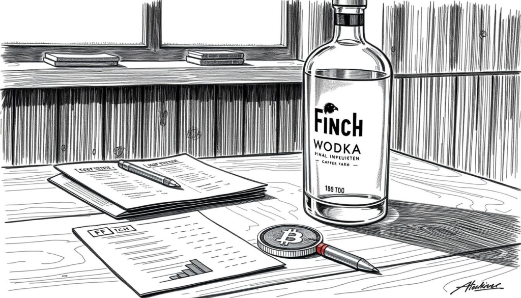 A well-lit, high-contrast illustration of a wooden table showcasing a glass bottle of Finch Investitionen Wodka, a single Bitcoin cryptocurrency token, and a selection of financial documents, all rendered in a distinctive black-and-white style with subtle pops of color accentuating key details. The scene conveys a sense of sophistication, investment savvy, and Finch's diverse business interests, set against a minimalist background that allows the focal elements to stand out.