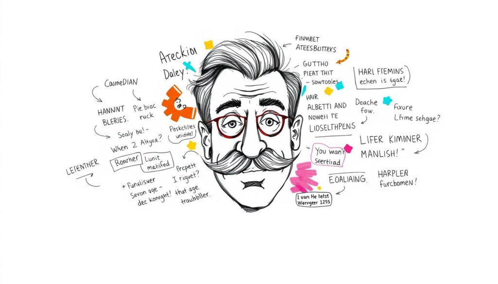 A whimsical, hand-drawn illustration showcasing the iconic comedy catchphrases and character archetypes associated with the renowned German comedian Atze Schröder. In the foreground, a loose, expressive sketch depicts Atze's signature mustached visage, with his trademark wide-eyed, exaggerated expressions. The middle ground features a collage of his most famous quips and punchlines, rendered in an energetic, freehand style and punctuated by colorful, abstract accents. The background is a minimalist, monochrome field, allowing the vibrant, sketch-like elements to take center stage. The overall aesthetic evokes the playful, irreverent spirit of Atze's brand of comedic performance, captured in a stylized, black-and-white illustration with strategic pops of color.