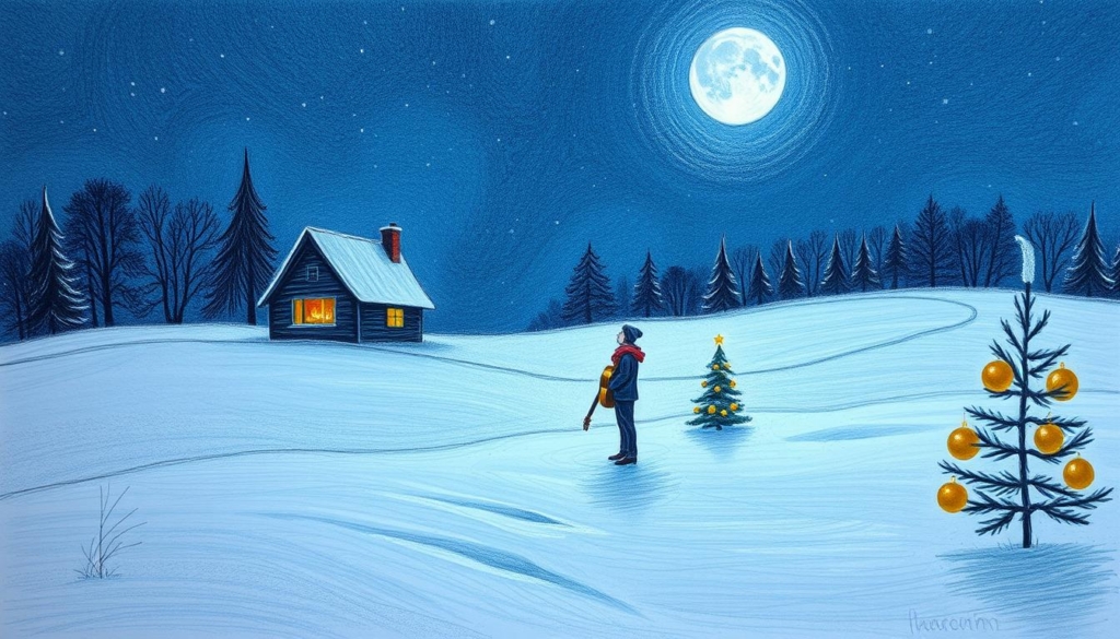 A winter landscape on a snowy Christmas Eve, moonlight casting a soft glow. In the foreground, a cozy cottage with a warm firelight flickering in the windows. A lone figure, guitar in hand, stands outside, gazing up at the night sky. Subtle pops of color - a red scarf, golden ornaments on a small tree. The scene conveys a melancholic, yet hopeful atmosphere, as if the figure is reminiscing on a cherished memory. Pencil sketch with delicate shading, punctuated by selective colorful accents. A winter landscape on a snowy Christmas Eve, moonlight casting a soft glow. In the foreground, a cozy cottage with a warm firelight flickering in the windows. A lone figure, guitar in hand, stands outside, gazing up at the night sky. Subtle pops of color - a red scarf, golden ornaments on a small tree. The scene conveys a melancholic, yet hopeful atmosphere, as if the figure is reminiscing on a cherished memory. Pencil sketch with delicate shading, punctuated by selective colorful accents.