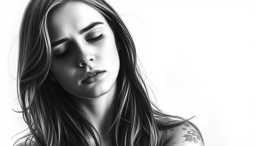 A young woman, Alisha Lehmann, stands in a pensive pose, her gaze downcast, lost in contemplation. The monochromatic sketch-like quality of the image, with splashes of color highlighting key elements, creates a sense of introspection and emotional depth. The lighting is soft and diffused, casting gentle shadows that accentuate the subject's features. The background is blurred, placing the focus on Alisha's captivating presence. This image beautifully captures the essence of the section "Privatleben: Wie Beziehungen ihre Karriere beeinflussen" and illustrates the article's theme of "Alisha Lehmann Vermögen – Wie reich ist Alisha?" with a sensitive and thoughtful depiction.