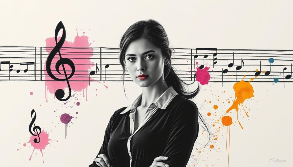 A young woman standing confidently, her gaze focused with determination. She is dressed in a simple, black-and-white outfit, her hair neatly styled. In the background, a musical staff unfurls, hinting at her musical training. Scattered throughout the scene, vibrant splashes of color - a paintbrush, a musical note, a treble clef - add depth and texture, suggesting the artistic passion that fuels her journey. The overall tone is one of focus, discipline, and the thrill of pursuing a creative dream. A dramatic, chiaroscuro lighting illuminates her face, capturing the intensity of her ambition. A young woman standing confidently, her gaze focused with determination. She is dressed in a simple, black-and-white outfit, her hair neatly styled. In the background, a musical staff unfurls, hinting at her musical training. Scattered throughout the scene, vibrant splashes of color - a paintbrush, a musical note, a treble clef - add depth and texture, suggesting the artistic passion that fuels her journey. The overall tone is one of focus, discipline, and the thrill of pursuing a creative dream. A dramatic, chiaroscuro lighting illuminates her face, capturing the intensity of her ambition.