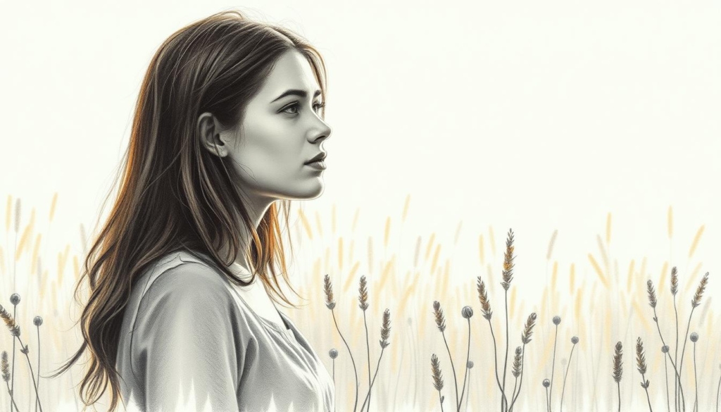 A young woman stands in a serene meadow, her figure bathed in soft, warm lighting. Her expression is one of contemplation and introspection, as she gazes inwardly, capturing the essence of her personal journey. The background is rendered in a muted, pencil-like monochrome, with subtle splashes of color accentuating the scene's depth and atmosphere. The composition is balanced, drawing the viewer's eye to the central figure, who embodies the quiet, introspective nature of Ema Louise's personal development. A young woman stands in a serene meadow, her figure bathed in soft, warm lighting. Her expression is one of contemplation and introspection, as she gazes inwardly, capturing the essence of her personal journey. The background is rendered in a muted, pencil-like monochrome, with subtle splashes of color accentuating the scene's depth and atmosphere. The composition is balanced, drawing the viewer's eye to the central figure, who embodies the quiet, introspective nature of Ema Louise's personal development.
