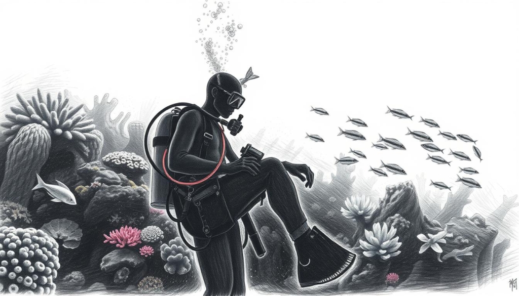 An adventure-seeking scuba diver in Nigeria, silhouetted against a vibrant underwater scene. In the foreground, the diver's equipment and movements are rendered in intricate black and white detail, conveying a sense of focus and determination. The middle ground features a vibrant coral reef, with pops of color emerging from the monochrome palette. In the background, a school of tropical fish swim gracefully, adding depth and a sense of the diver's aquatic exploration. The lighting is dramatic, creating high-contrast shadows and highlights that accentuate the diver's form and the surrounding environment. The overall mood is one of excitement and discovery, capturing the essence of the "Der abenteuerliche Lebensweg zum Erfolg" section of the article. An adventure-seeking scuba diver in Nigeria, silhouetted against a vibrant underwater scene. In the foreground, the diver's equipment and movements are rendered in intricate black and white detail, conveying a sense of focus and determination. The middle ground features a vibrant coral reef, with pops of color emerging from the monochrome palette. In the background, a school of tropical fish swim gracefully, adding depth and a sense of the diver's aquatic exploration. The lighting is dramatic, creating high-contrast shadows and highlights that accentuate the diver's form and the surrounding environment. The overall mood is one of excitement and discovery, capturing the essence of the "Der abenteuerliche Lebensweg zum Erfolg" section of the article.