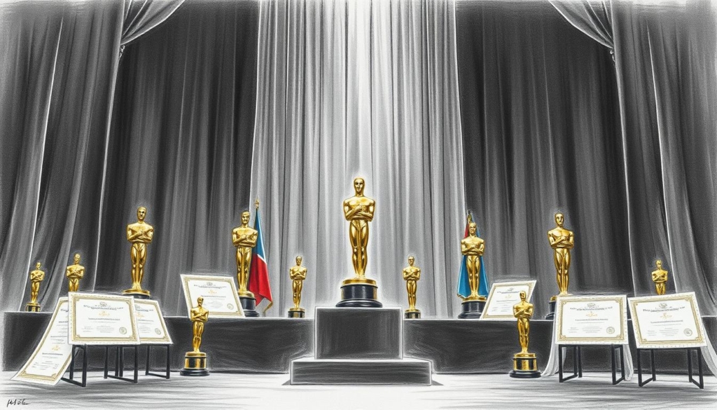 An elegant award ceremony backdrop, a cascade of glittering statuettes and certificates, bestowing accolades upon a skilled performer. Meticulously rendered in a muted palette of graphite and charcoal, with strategic pops of gold, crimson, and azure to highlight the prestigious honors. Capturing the gravity and prestige of a celebrated career, this image conveys the hard-earned achievements of its subject, a testament to their craft and dedication. Soft, dramatic lighting casts dramatic shadows, evoking a sense of reverence and accomplishment. A visually striking composition that seamlessly blends realism with artistic flourishes, befitting the grand occasion. An elegant award ceremony backdrop, a cascade of glittering statuettes and certificates, bestowing accolades upon a skilled performer. Meticulously rendered in a muted palette of graphite and charcoal, with strategic pops of gold, crimson, and azure to highlight the prestigious honors. Capturing the gravity and prestige of a celebrated career, this image conveys the hard-earned achievements of its subject, a testament to their craft and dedication. Soft, dramatic lighting casts dramatic shadows, evoking a sense of reverence and accomplishment. A visually striking composition that seamlessly blends realism with artistic flourishes, befitting the grand occasion.