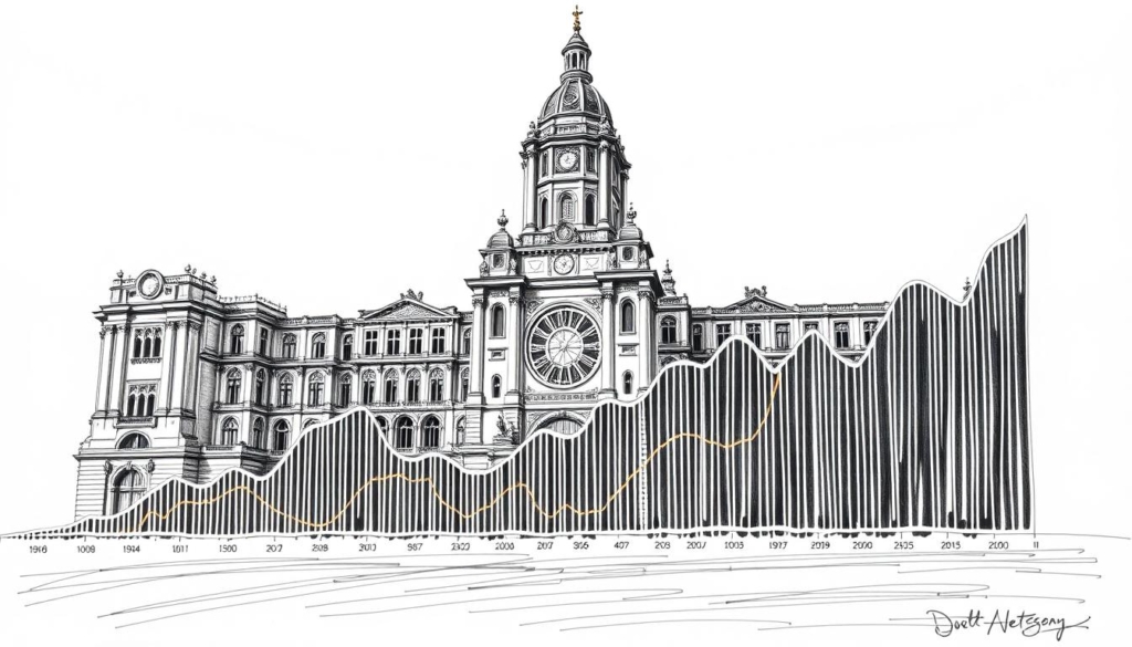 An elegant media empire's financial development over the years, visualized in a striking black and white sketch with pops of color. A grand, imposing structure stands tall in the background, its intricate architecture and towering presence commanding attention. In the foreground, a cascading series of graphs and charts track the steady growth of the enterprise, the lines and curves tracing its ever-expanding wealth. Highlighted in bold hues, key milestones punctuate the timeline, creating a sense of momentum and achievement. The overall scene conveys a sense of power, sophistication and the relentless march of progress, reflecting the subject's rise to prominence.