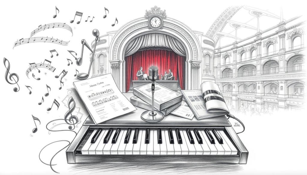 An elegant pencil sketch depicting the diverse income sources comprising Chris Norman's musical wealth. A centered piano keyboard anchors the foreground, surrounded by delicately rendered musical notes, sheet music, and a microphone - symbols of his singing and songwriting talents. In the middle ground, a stack of royalty checks and a record album hint at his commercial successes, while in the background, a grand concert hall with ornate architecture evokes the grandeur of his live performances. The overall mood is one of refined artistry, with muted grays punctuated by vibrant flashes of color accentuating the key elements of his musical empire.