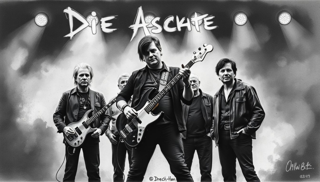 An iconic German rock band, Die Ärzte, standing confidently against a moody, atmospheric backdrop. Bela B, the charismatic frontman, leads the ensemble with his signature bass guitar, capturing the energy and success of their music career. The scene is rendered in a striking black and white palette, with subtle splashes of color highlighting the band's instruments and stage presence. The image conveys the band's musical prowess, the pivotal role they play in Bela B's wealth, and the enduring appeal of their iconic sound.