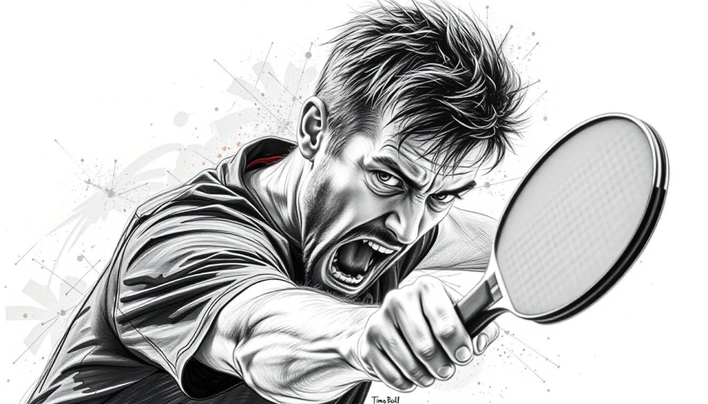 An intense close-up of the legendary German table tennis player Timo Boll, mid-swing, his powerful forehand smash captured in a dramatic black and white sketch-like rendering, with only a few strategic pops of color highlighting the intensity of his expression and the energy of the moment. The image conveys the fierce focus and determination Boll brings to his championship tournaments, set against a subtly textured backdrop that suggests the grand stage of international competition. An intense close-up of the legendary German table tennis player Timo Boll, mid-swing, his powerful forehand smash captured in a dramatic black and white sketch-like rendering, with only a few strategic pops of color highlighting the intensity of his expression and the energy of the moment. The image conveys the fierce focus and determination Boll brings to his championship tournaments, set against a subtly textured backdrop that suggests the grand stage of international competition.
