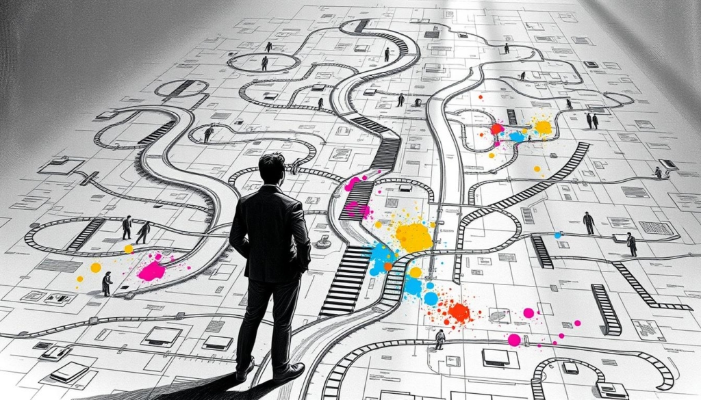 An intricate blueprint of a career path, rendered in shades of gray with vibrant splashes of color. A central figure stands contemplating their future, surrounded by a labyrinth of possibilities - branching paths, rising ladders, and pivotal decision points. The scene is imbued with a sense of anticipation and determination, the lines precise and the shadows sharp, conveying the weight of the choices to come. Soft rays of light pierce through, offering glimpses of the opportunities that lie ahead, urging the viewer to embark on their own Zukunftsperspektiven Karriere. An intricate blueprint of a career path, rendered in shades of gray with vibrant splashes of color. A central figure stands contemplating their future, surrounded by a labyrinth of possibilities - branching paths, rising ladders, and pivotal decision points. The scene is imbued with a sense of anticipation and determination, the lines precise and the shadows sharp, conveying the weight of the choices to come. Soft rays of light pierce through, offering glimpses of the opportunities that lie ahead, urging the viewer to embark on their own Zukunftsperspektiven Karriere.