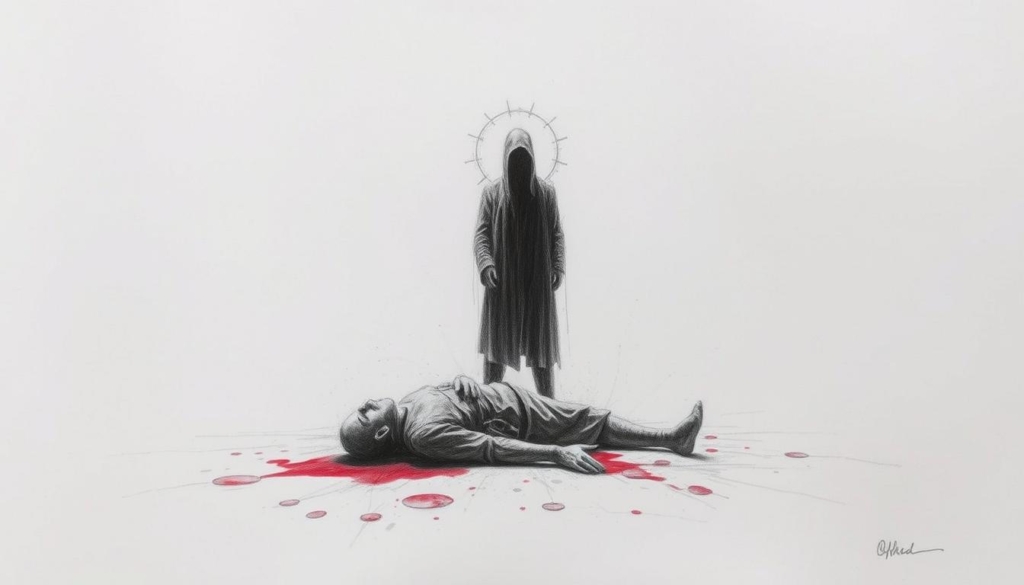 An unsettling scene unfolds as a lone figure, shrouded in shadow, stands over a crumpled form on the ground. The muted tones of graphite lend an ethereal, dreamlike quality, while flashes of color - a crimson stain, a glint of metal - punctuate the somber composition. The perspective is angled, creating a sense of unease and tension. Soft, diffused lighting casts an eerie glow, blurring the line between reality and the subconscious. This is the manifestation of a dark, intrusive thought - the dream-born murderer, haunting the viewer's mind. An unsettling scene unfolds as a lone figure, shrouded in shadow, stands over a crumpled form on the ground. The muted tones of graphite lend an ethereal, dreamlike quality, while flashes of color - a crimson stain, a glint of metal - punctuate the somber composition. The perspective is angled, creating a sense of unease and tension. Soft, diffused lighting casts an eerie glow, blurring the line between reality and the subconscious. This is the manifestation of a dark, intrusive thought - the dream-born murderer, haunting the viewer's mind.