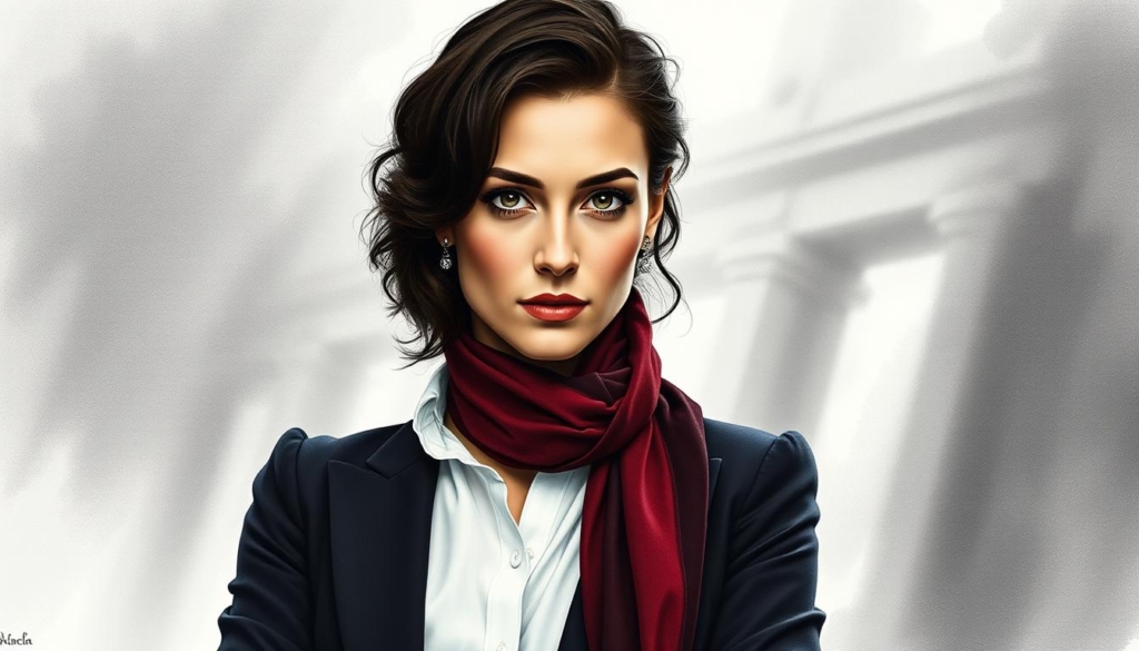 Beatrice Borromeo, a captivating Journalistin, stands before us in a pensive pose. Her piercing gaze commands attention, framed by striking features and cascading waves of raven hair. Donning a tailored ensemble in shades of black and white, she exudes an aura of authority and refinement. Soft, directional lighting accentuates the contours of her face, casting subtle shadows that add depth and dimension. The background blurs into a hazy, abstract landscape, allowing the viewer to focus solely on this influential woman's captivating presence. Touches of color, like a vibrant crimson scarf or a gleaming silver accessory, add just the right amount of visual interest, drawing the eye to key details.