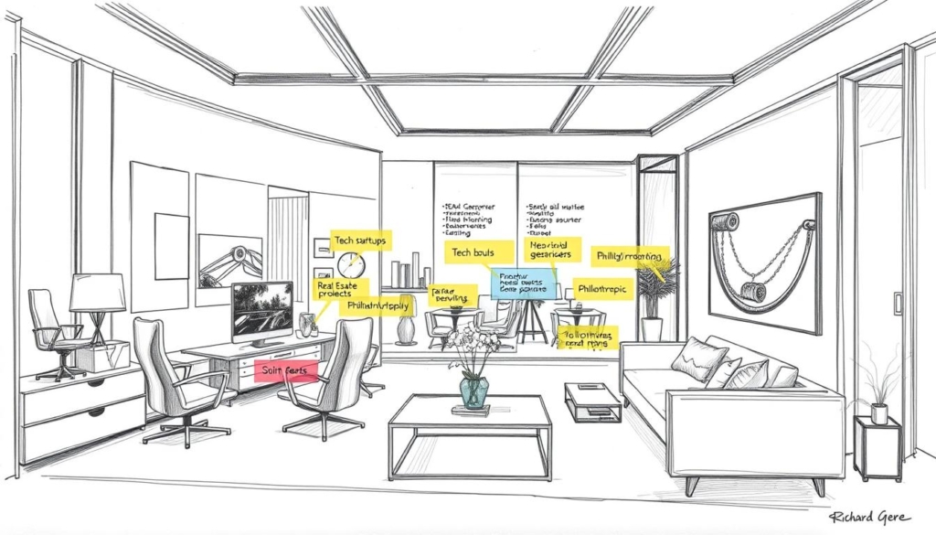 Detailed architectural renderings of Richard Gere's diverse investment portfolio, showcasing his entrepreneurial ventures beyond acting. A meticulously crafted graphite sketch depicts a sleek, modern office interior with minimalist furnishings, clean lines, and strategic pops of color highlighting key assets - tech startups, real estate projects, and philanthropic initiatives. The scene exudes an air of sophistication, professionalism, and savvy business acumen, reflecting Gere's multifaceted wealth-building strategies outside the Hollywood limelight.