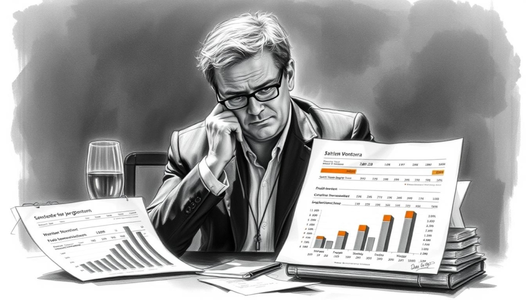 Detailed financial assessment of renowned German sports journalist Jörg Wontorra's net worth. Sophisticated charcoal sketch with selective color highlights, capturing the intricate details of his wealth estimation. Precise data visualizations in the foreground, presenting the breakdown of his assets and investments. Middle ground features a pensive, contemplative Wontorra in a thoughtful pose, surrounded by financial documents. Subtle background elements suggest the gravity and importance of this wealth analysis. Moody, atmospheric lighting casts dramatic shadows, emphasizing the seriousness of the subject matter. Elegant, high-contrast black and white tones with strategic pops of color draw the viewer's eye to key financial information.