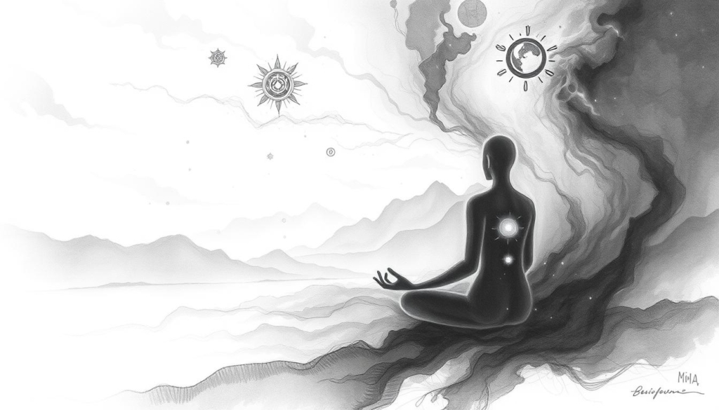 Ethereal dream interpretation, a serene spiritual landscape. In the foreground, a person meditating, their form ethereal and glowing. Swirling mists, soft gradients of light and shadow. Floating symbols and talismans, subtle bursts of color amid the monochrome. The middle ground reveals a tranquil, dreamlike environment, with natural elements like mountains, trees, and water. The background subtly blends into the vast, unknowable depths of the subconscious. Soft, atmospheric lighting, a pensive, introspective mood. Charcoal-like textures, with just a hint of color to draw the eye. An image that invites contemplation and exploration of the inner self. Ethereal dream interpretation, a serene spiritual landscape. In the foreground, a person meditating, their form ethereal and glowing. Swirling mists, soft gradients of light and shadow. Floating symbols and talismans, subtle bursts of color amid the monochrome. The middle ground reveals a tranquil, dreamlike environment, with natural elements like mountains, trees, and water. The background subtly blends into the vast, unknowable depths of the subconscious. Soft, atmospheric lighting, a pensive, introspective mood. Charcoal-like textures, with just a hint of color to draw the eye. An image that invites contemplation and exploration of the inner self.