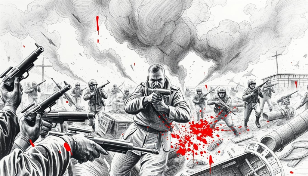 Kontroverse Kriegs-Kampagne Maligoshik: A haunting black and white illustration depicting a chaotic battlefield, with Maligoshik at its center, wielding a weapon amidst the chaos. The scene is punctuated by flashes of color, such as the red of blood or the glint of metal, drawing the eye to the subject's intense gaze and the visceral nature of the conflict. The foreground is a blur of motion, with soldiers and debris scattered around, while the background is a hazy, smoke-filled landscape, hinting at the larger scale of the battle. The lighting is dramatic, casting deep shadows and highlighting the raw power and determination of Maligoshik, the focal point of this controversial and emotionally charged scene. Kontroverse Kriegs-Kampagne Maligoshik: A haunting black and white illustration depicting a chaotic battlefield, with Maligoshik at its center, wielding a weapon amidst the chaos. The scene is punctuated by flashes of color, such as the red of blood or the glint of metal, drawing the eye to the subject's intense gaze and the visceral nature of the conflict. The foreground is a blur of motion, with soldiers and debris scattered around, while the background is a hazy, smoke-filled landscape, hinting at the larger scale of the battle. The lighting is dramatic, casting deep shadows and highlighting the raw power and determination of Maligoshik, the focal point of this controversial and emotionally charged scene.