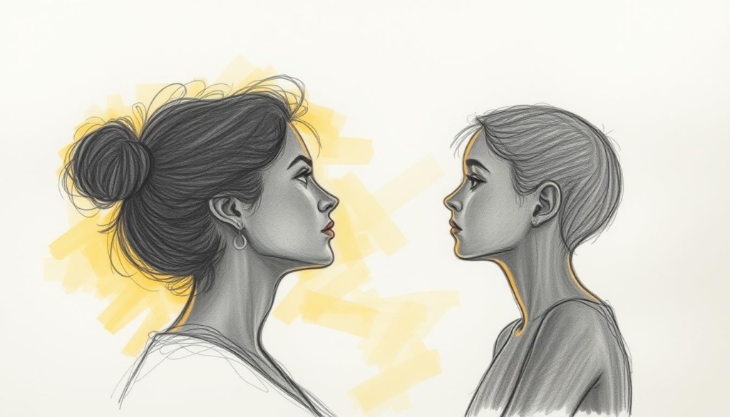 Siblings in deep contemplation, their silhouettes captured in a pensive moment. Soft pencil strokes imbue the scene with an atmospheric, sketch-like quality, punctuated by strategic pops of color that draw the eye to the subjects' expressions and gestures. Warm lighting from an unseen source casts gentle shadows, conveying a sense of introspection and personal growth. The siblings' poses suggest a dynamic interplay, a visual representation of the inspirational bond they share. Negative space allows the viewer to imagine the context, inviting them to ponder the lessons and insights that have shaped the life of the celebrated actress. Siblings in deep contemplation, their silhouettes captured in a pensive moment. Soft pencil strokes imbue the scene with an atmospheric, sketch-like quality, punctuated by strategic pops of color that draw the eye to the subjects' expressions and gestures. Warm lighting from an unseen source casts gentle shadows, conveying a sense of introspection and personal growth. The siblings' poses suggest a dynamic interplay, a visual representation of the inspirational bond they share. Negative space allows the viewer to imagine the context, inviting them to ponder the lessons and insights that have shaped the life of the celebrated actress.