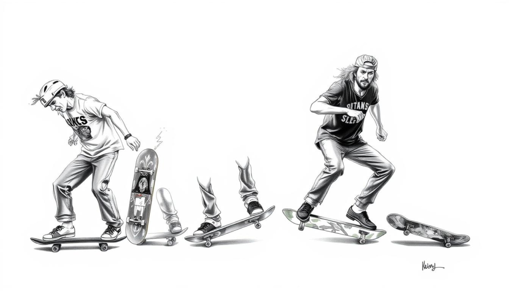 Skateboard Legends in Comparison: A striking black and white illustration depicting four iconic skateboarding figures - Tony Hawk, Rodney Mullen, Bam Margera, and Stacy Peralta - posing in dynamic, action-packed stances. Highlighted with subtle splashes of color, such as the gleam of their boards or the spark of their eyes, the image conveys the raw energy and competitive spirit of these legendary skaters. Set against a minimalist background, the figures command the viewer's attention, showcasing their individual styles and mastery of the sport. The composition emphasizes the contrast and camaraderie between these trailblazers, inviting the viewer to explore their respective legacies and influence on the skateboarding world.