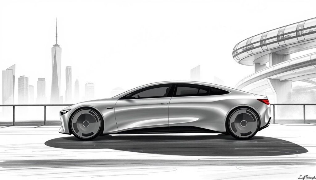 Sleek, futuristic electric Mercedes-Benz in a minimalist black and white rendering with subtle pops of color. A striking silhouette glides through a futuristic cityscape, its clean lines and aerodynamic form hinting at advanced electric powertrain technology. Softly lit from overhead, casting dramatic shadows that highlight the vehicle's elegant, sculptural shape. The background features a hazy, metropolitan skyline with towering skyscrapers and a glimpse of a gleaming, elevated transport system. An image that captures the boldness and innovation of Mercedes-Benz's electrification vision.