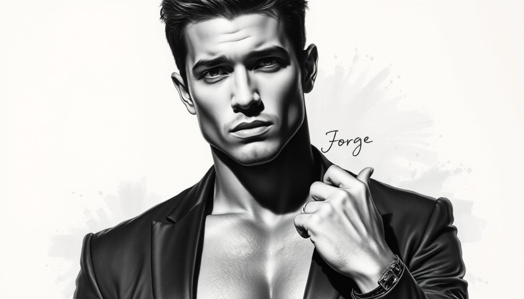 Sophisticated gentleman in his prime, Jorge Gonzalez, strikes a confident pose in a sleek black-and-white portrait. The lighting is dramatic, highlighting his sharp features and intense gaze. His toned physique is subtly accentuated, reflecting his successful career as a fashion model. In the background, muted color splashes add a touch of artistic flair, complementing the monochromatic palette. This image captures Jorge's multifaceted persona - a charismatic model who has also made his mark as a renowned choreographer.